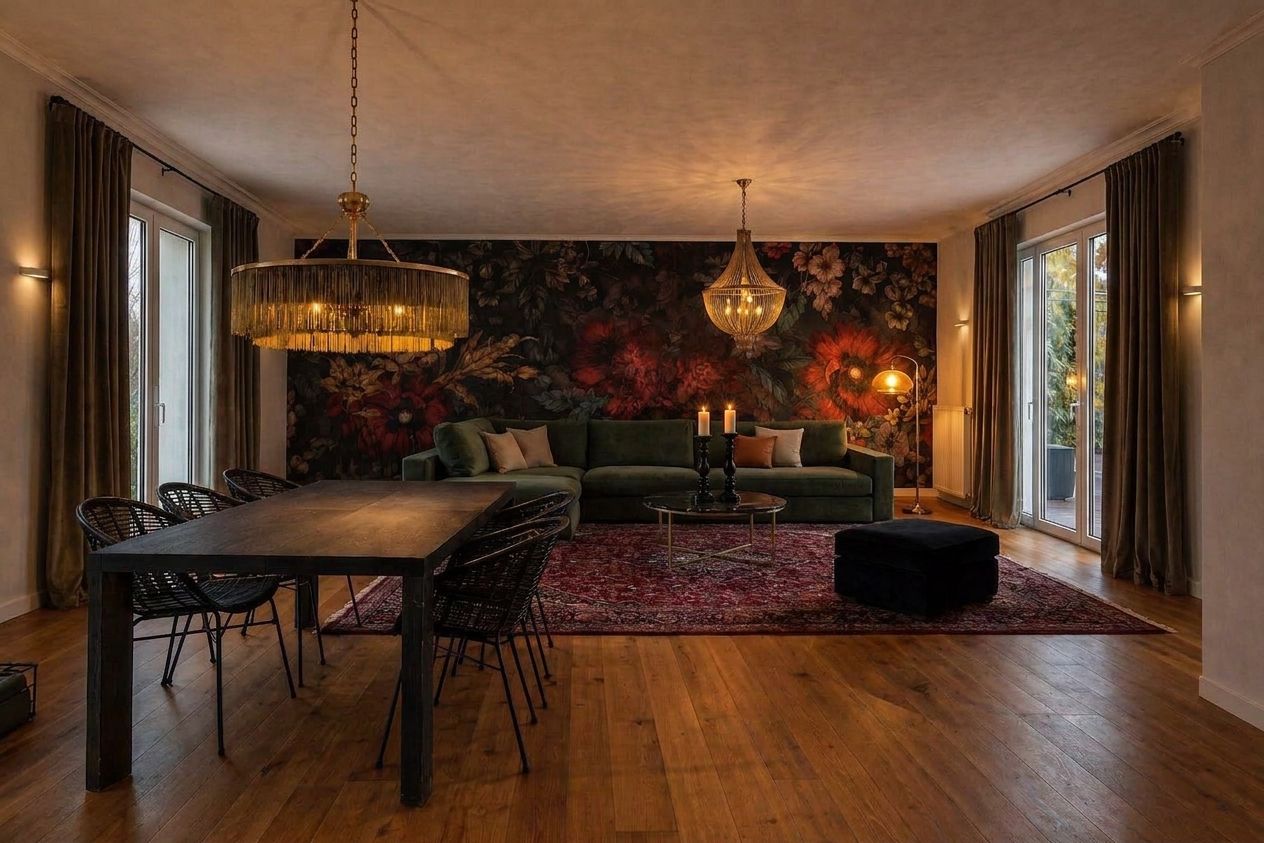 Goth maximalist living room — oxblood Persian rug, lit candelabras, black ottoman, brass floor lamp, candlelit evening