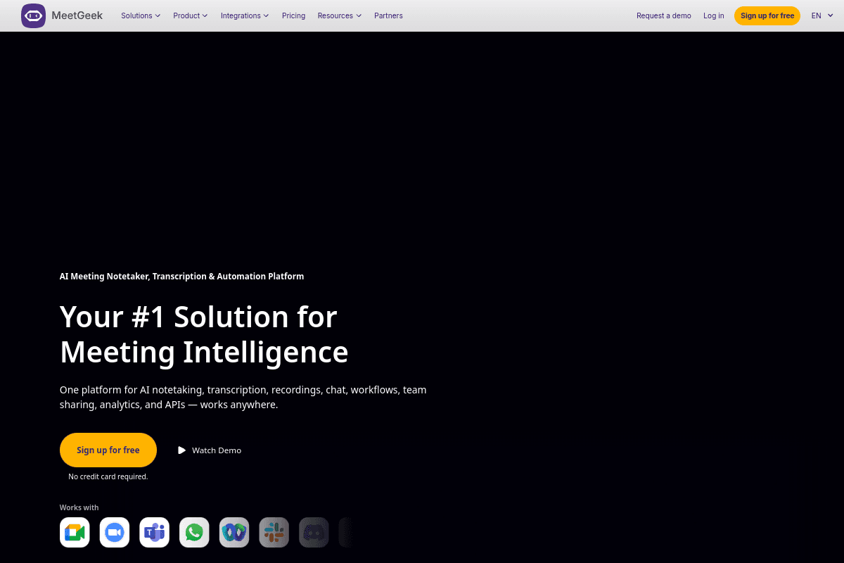 MeetGeek homepage, AI meeting notetaker and transcription platform with CRM sync