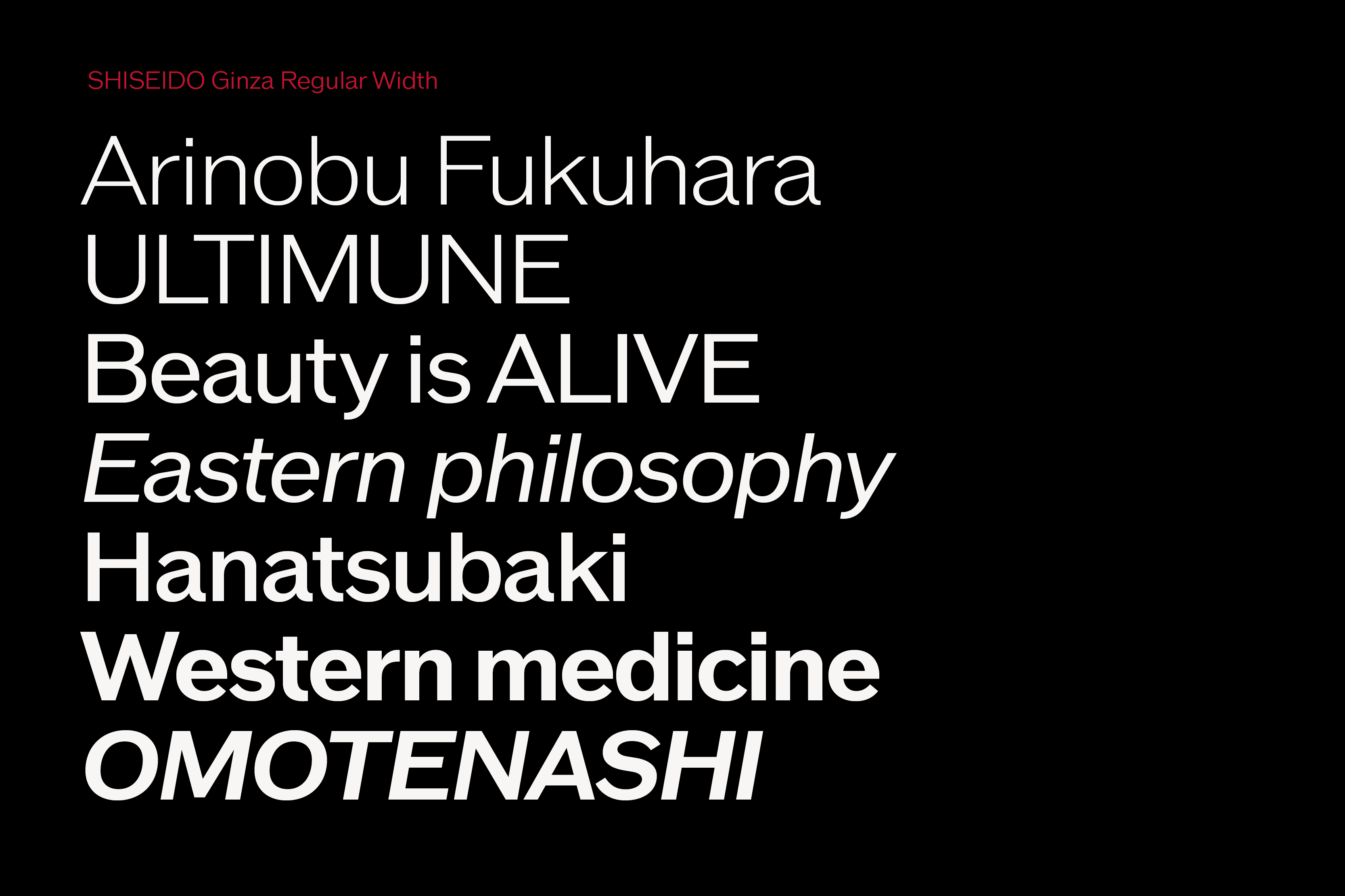 Text on a black background featuring terms related to beauty, Eastern philosophy, and Western medicine.