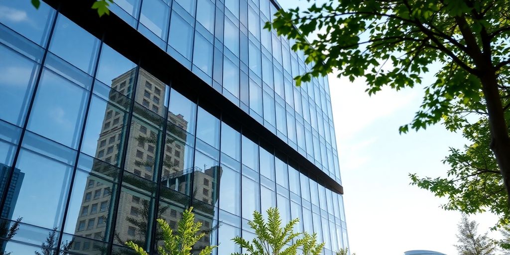 Modern office building with greenery and sleek architecture.