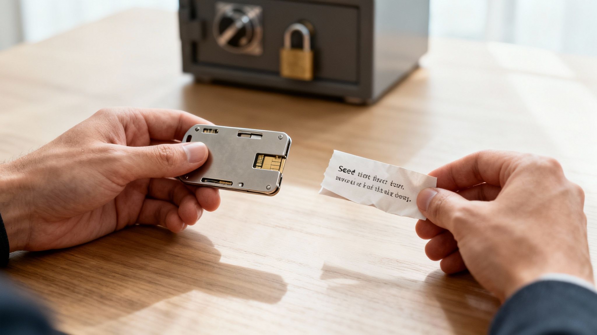 Hands hold a hardware wallet and a paper with a seed phrase next to a safe.