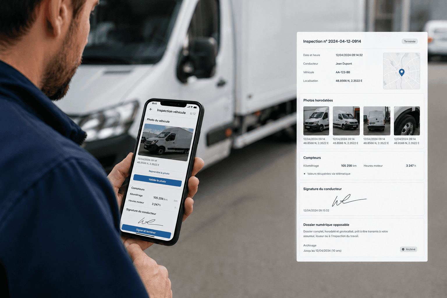Rapport d'inspection véhicule Fleeti avec photo horodatée, signature électronique du conducteur et relevé kilométrique géolocalisé.