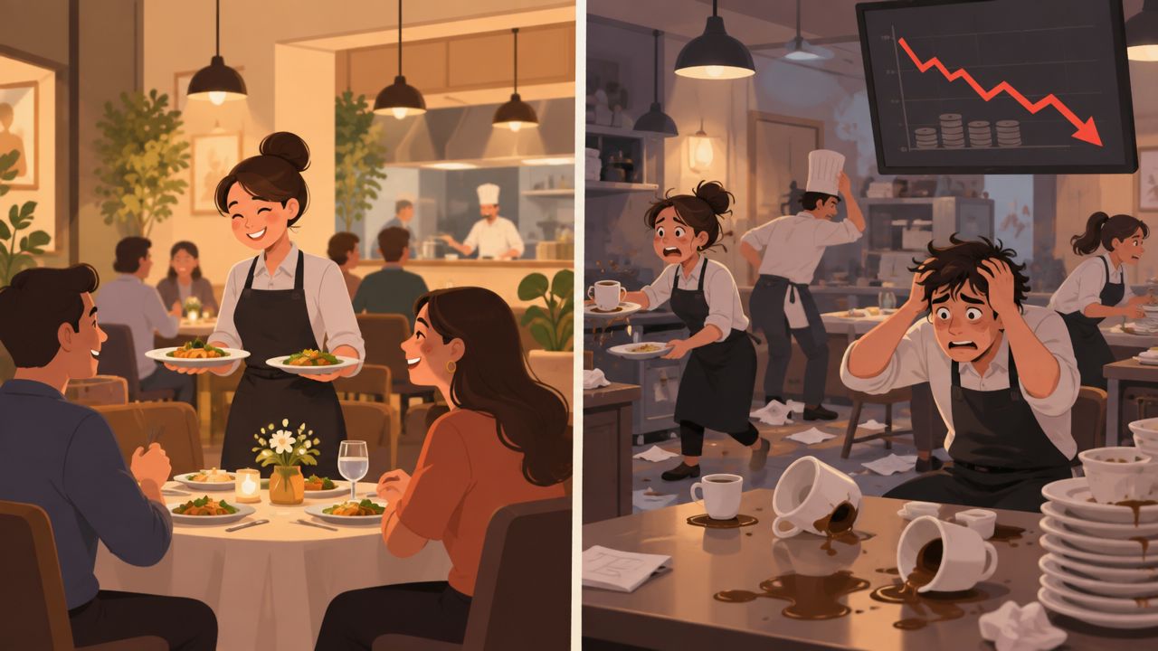 Comparación entre un restaurante organizado y exitoso frente a uno en crisis financiera y operativo.