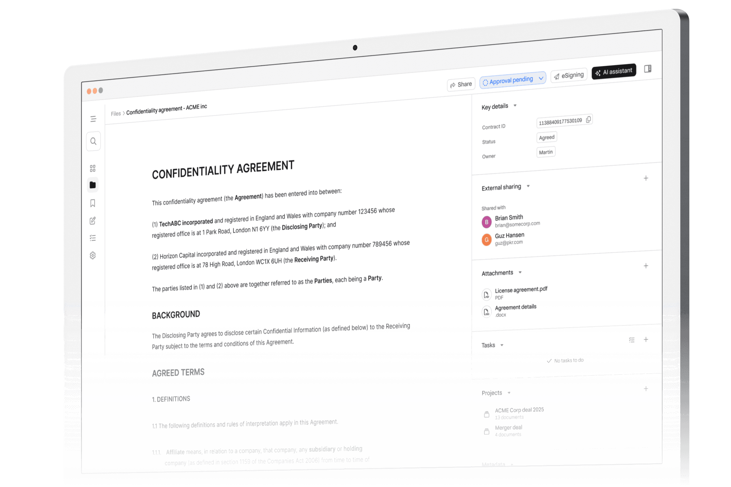 AI-based contract management software Pocketlaw for businesses of all sizes (small, medium, large), showcasing a user-friendly dashboard that streamlines legal workflow for clients and customers with options to create, review, and upload documents, access templates, and monitor document statistics.