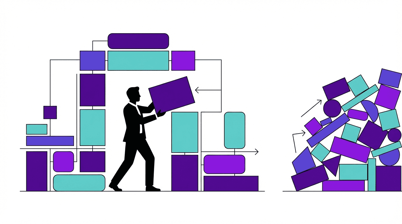 A silhouette of a person stacking colorful blocks, with a chaotic pile of blocks on the right side.