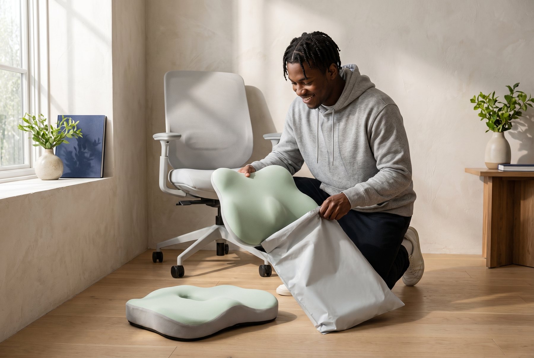 Arrival day: seat cushion first, then the lumbar cushion, then sit down and check.