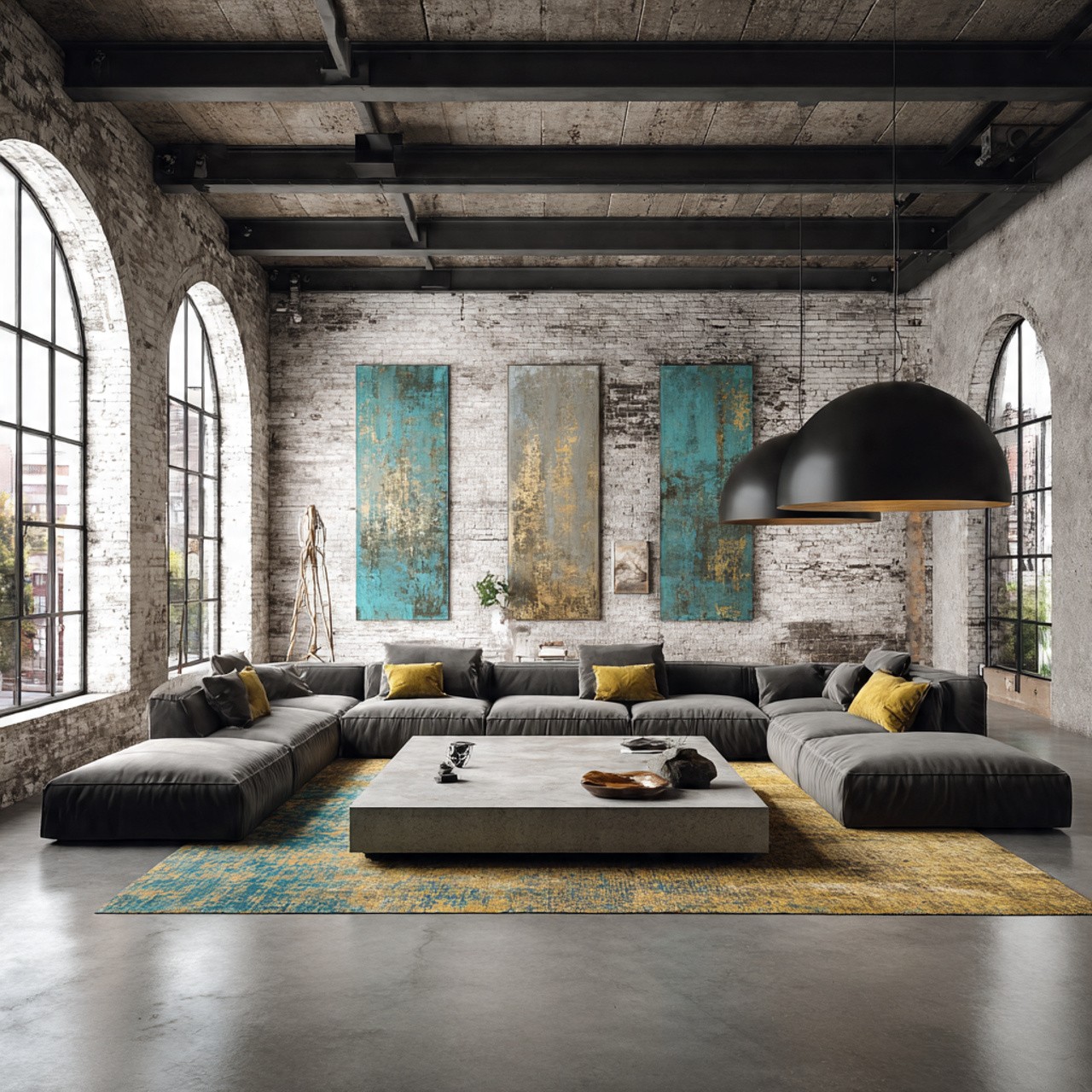 Spacious industrial-style living room with large gray sectional sofa, two teal abstract paintings, concrete coffee table, and arched windows, exuding modern elegance.