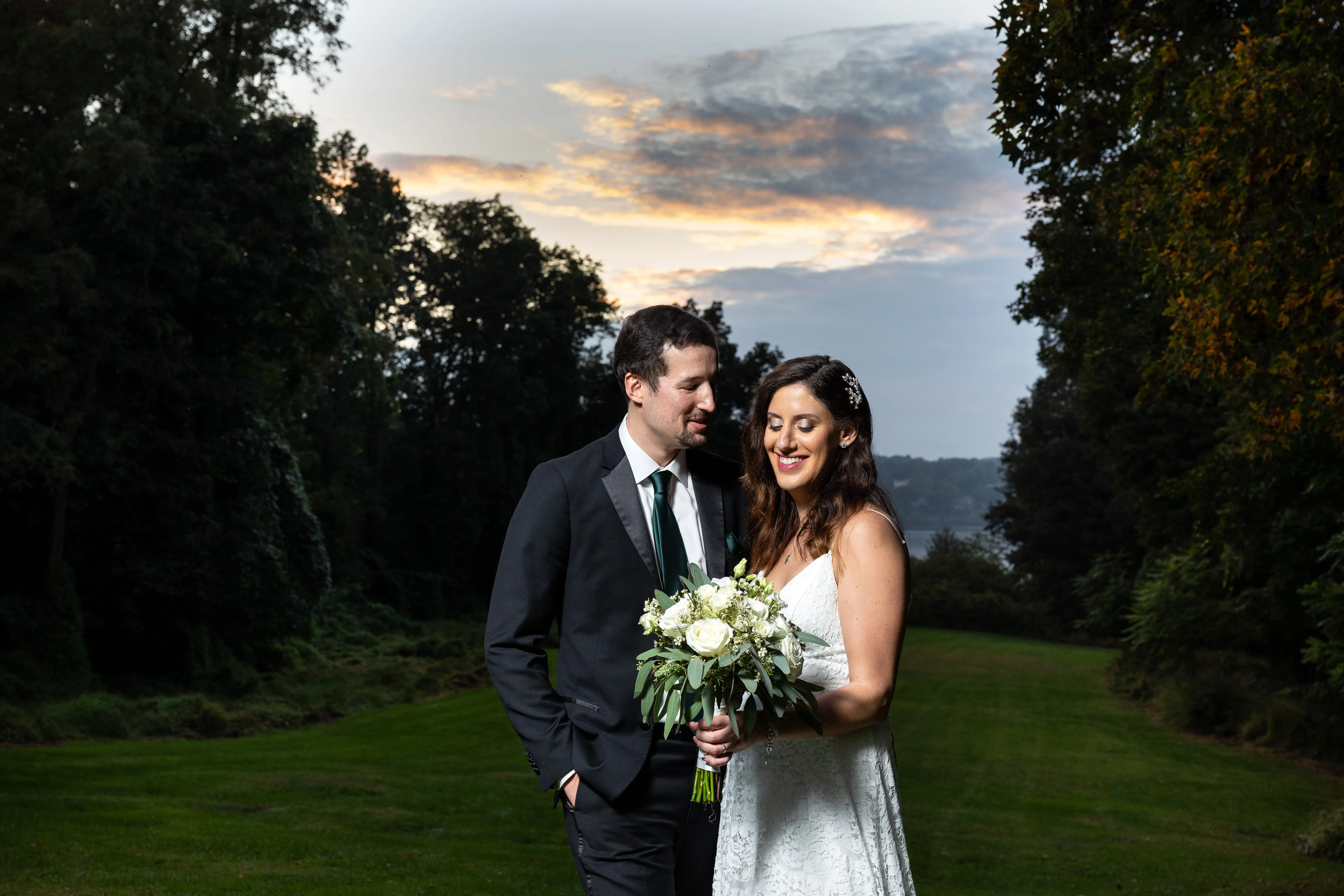 Wedding couple portrait at Mount Gulian Historic Site during sunset in Hudson Valley