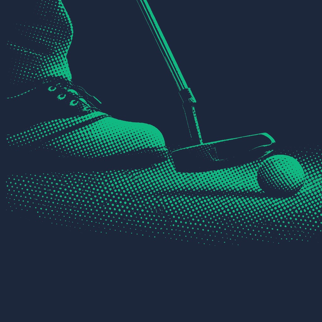 A low-angle teal illustration showing a golfer’s shoe and a putter making contact with a ball, captured from ground level.