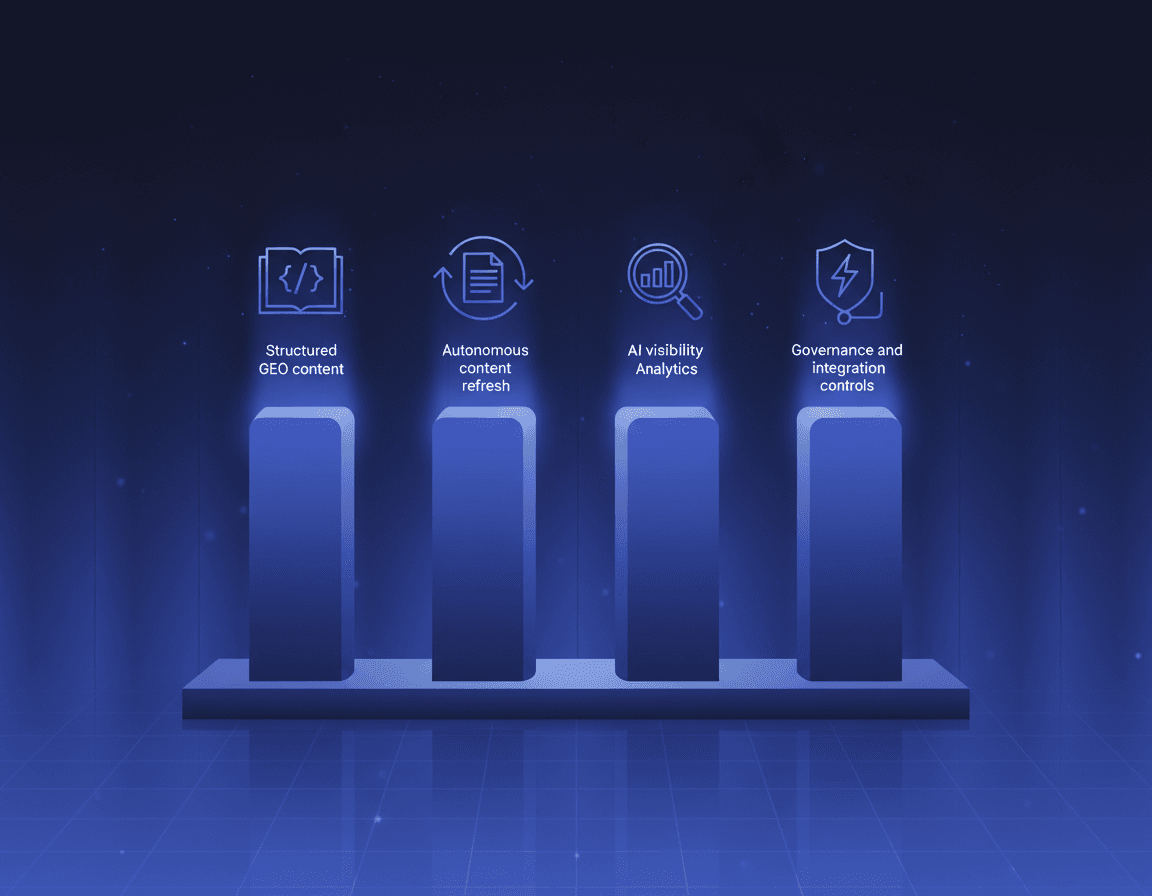 Four pillar diagram with icons for GEO content, auto refresh, AI analytics, and governance integration