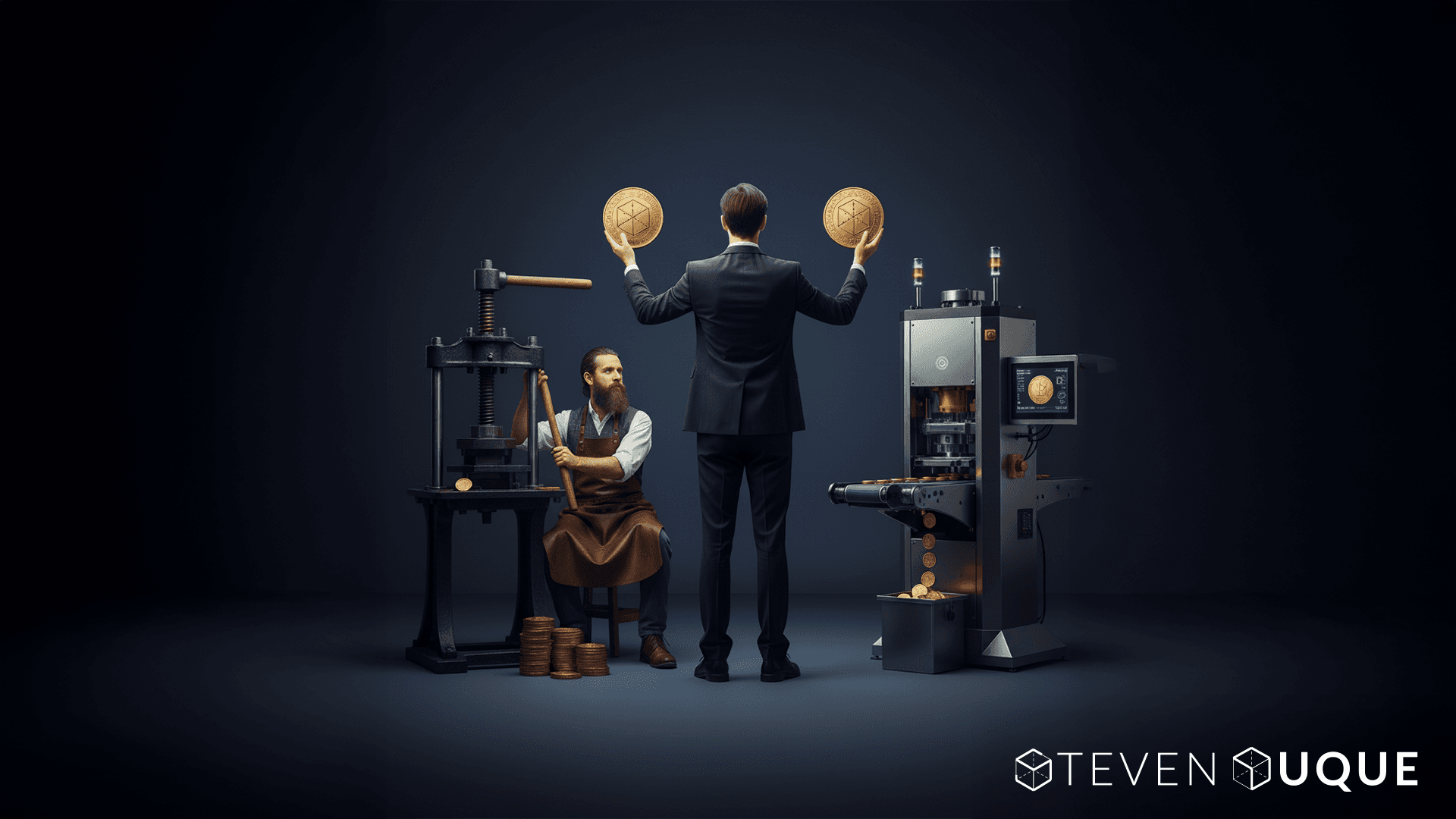A man in a suit stands between two coin-minting machines, holding up a gold coin in each hand. On the left, a traditional craftsman operates an old manual coin press; on the right, a modern automated minting machine produces coins. The scene symbolizes the contrast between human-made authenticity and AI-driven automation. The image is set against a dark background with the Steven Duque logo at the bottom.