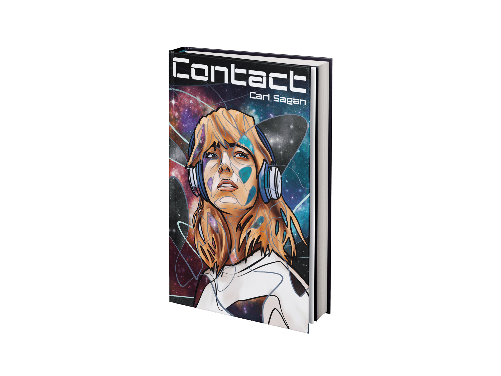 Illustrated book cover for&nbsp;Contact&nbsp;by Carl Sagan, featuring a cosmic theme and a woman wearing headphones.