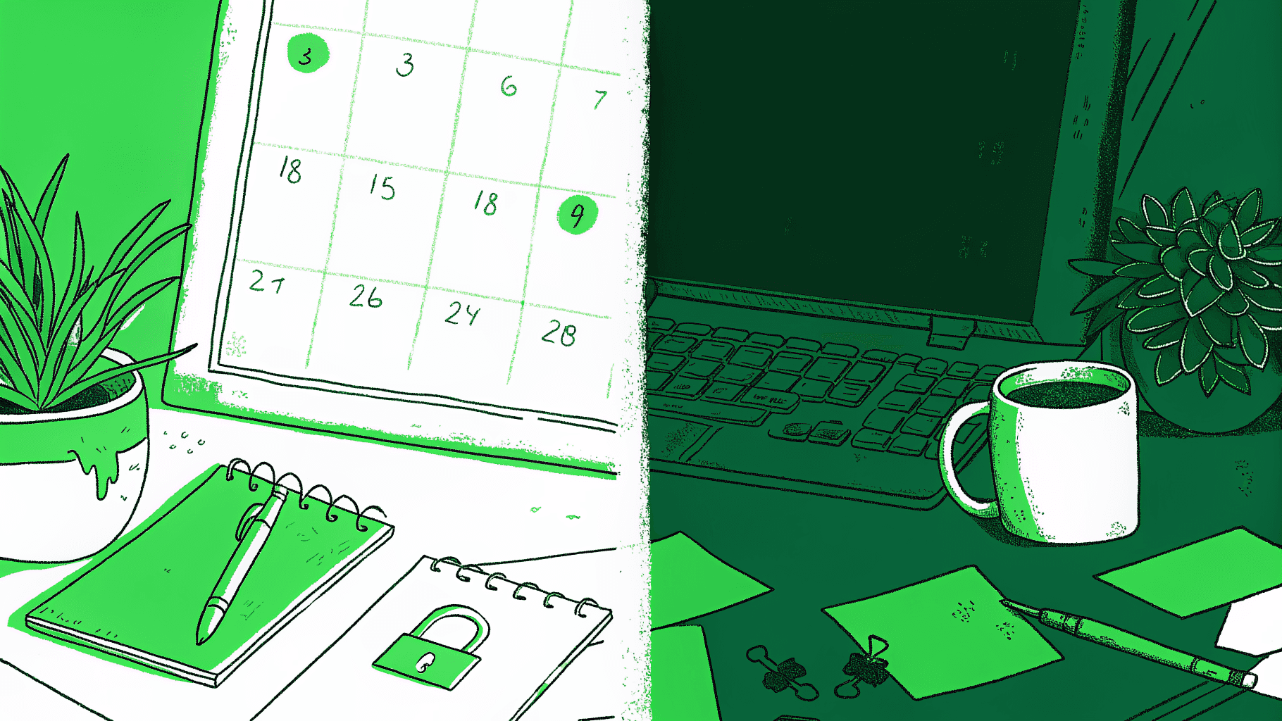 Crossed-out deadline calendars with padlock beside one open glowing calendar and golden key
