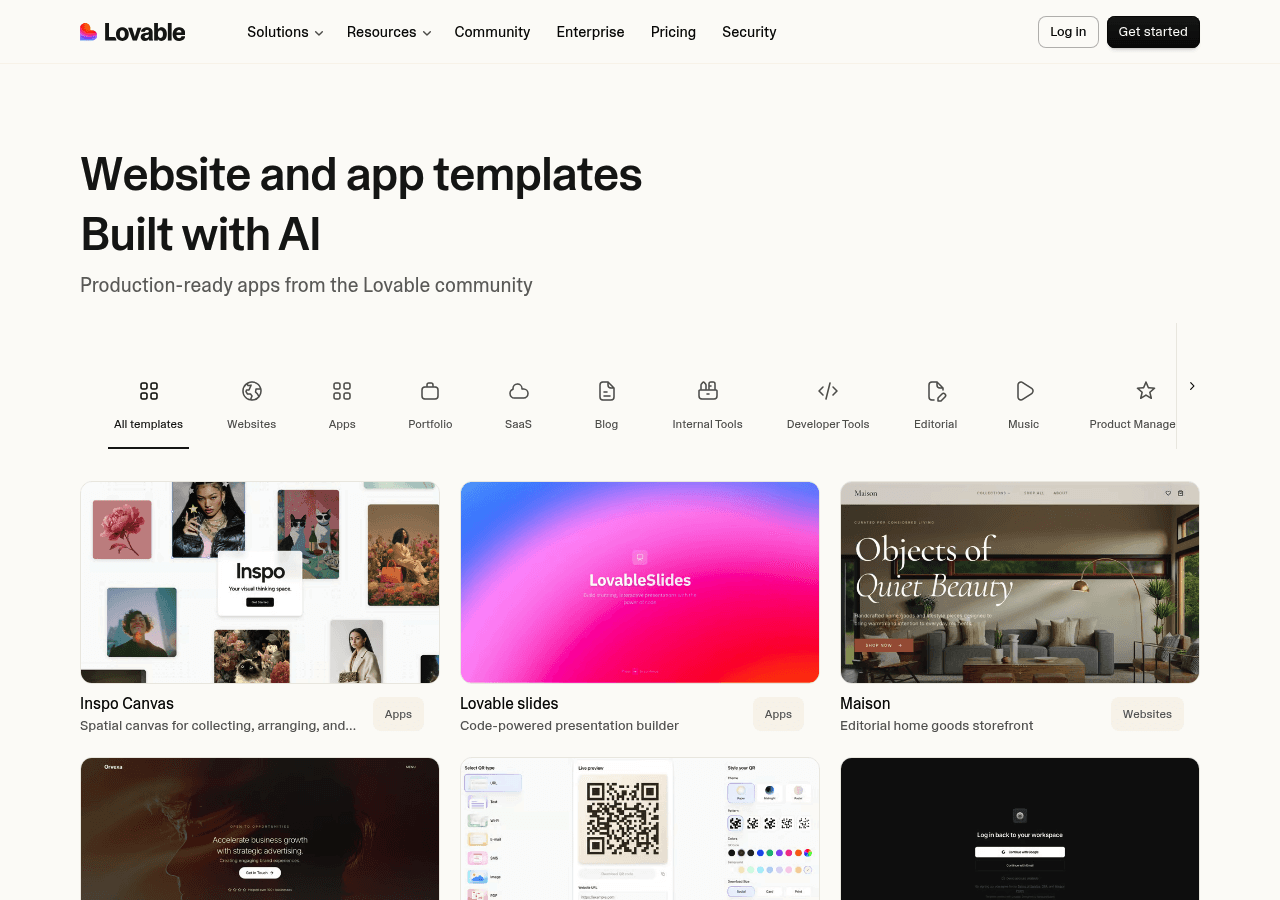 Lovable's template gallery showing pre-built e-commerce, SaaS, blog, and portfolio starting points