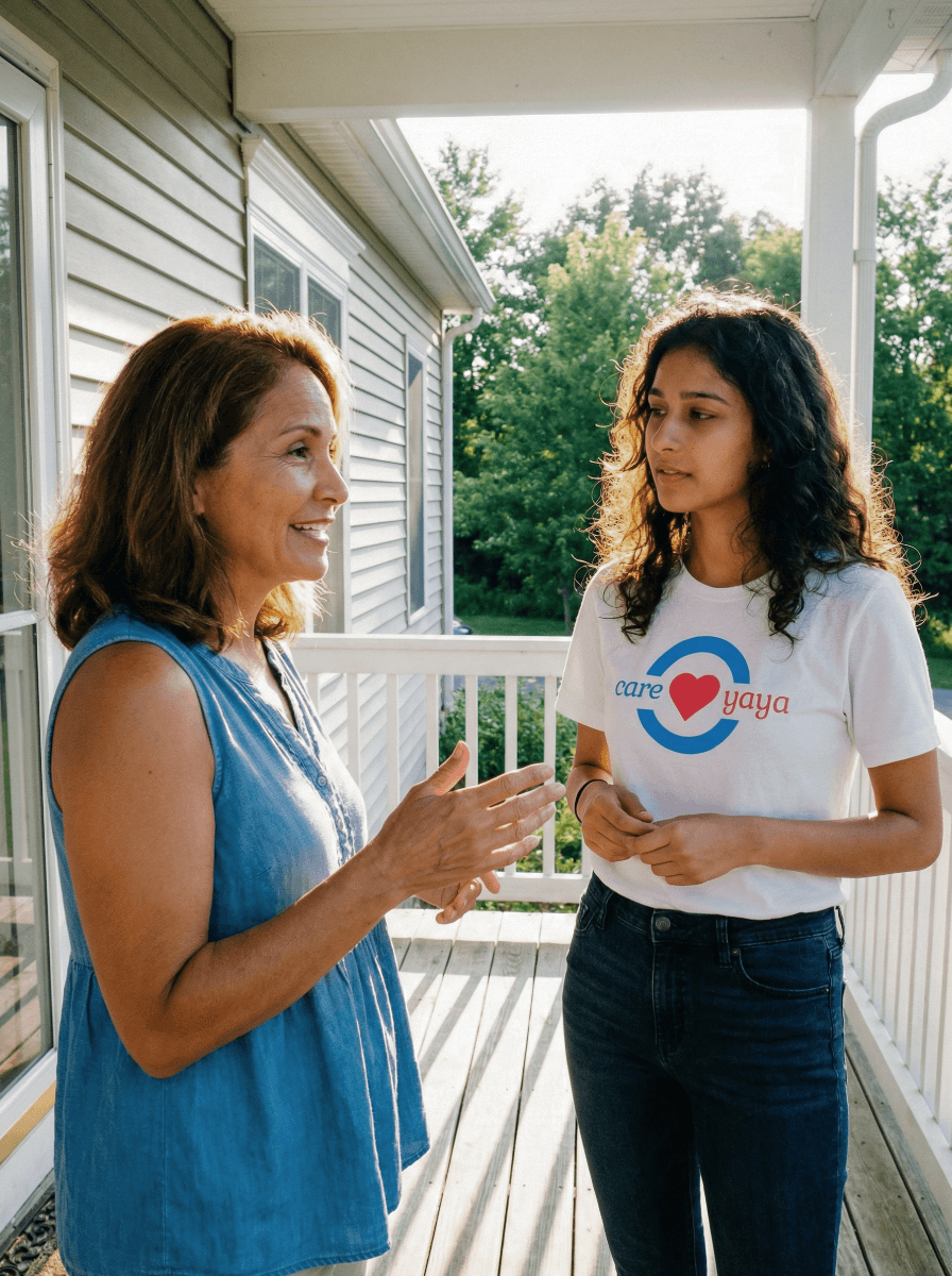 A middle aged woman talks with young woman dressed in CareYaya T-shirt on a porch