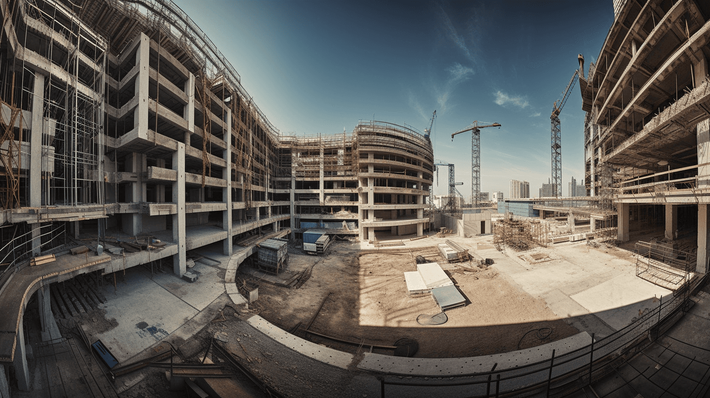 Wide-angle construction site showing multiple buildings under development with cranes and exposed concrete structures