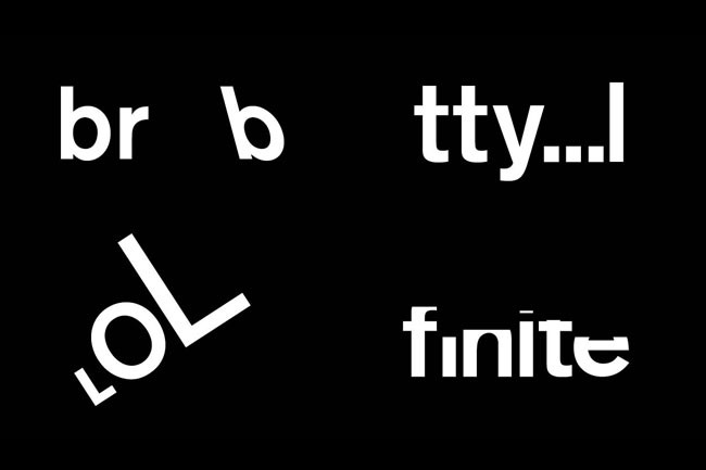 The image shows four distinct white text elements on a black background. On the top left, “br” is displayed, followed by a lowercase ‘b’. To the top right, “tty…l” is presented. On the bottom left, “lol” is written with a lowercase ‘l’. On the bottom right, “finite” is displayed.