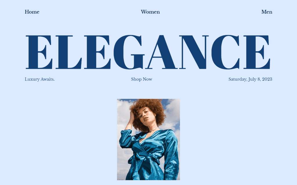 Website hero section with 'ELEGANCE' title and a woman's photo.