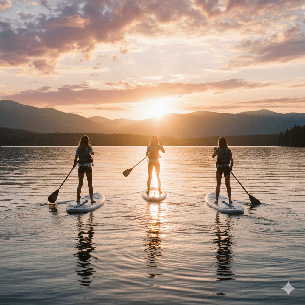 Trois personnes faisant du paddle board au coucher du soleil sur un lac tranquille entouré de montagnes.