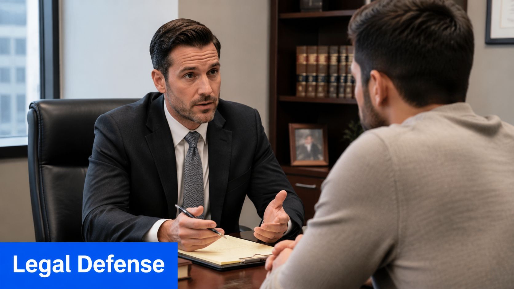 A professional lawyer consults with his client in an office, discussing details during a legal meeting.