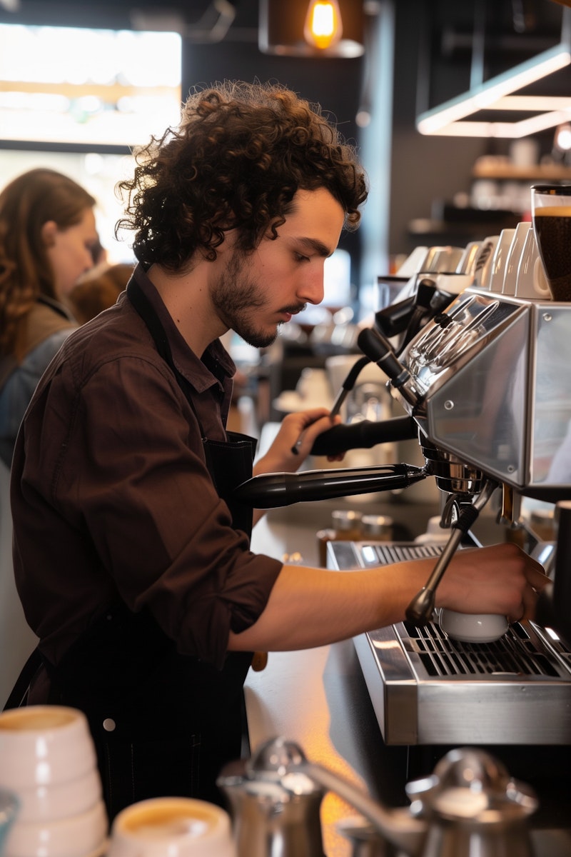 Barista pouring frothed milk into coffee cup