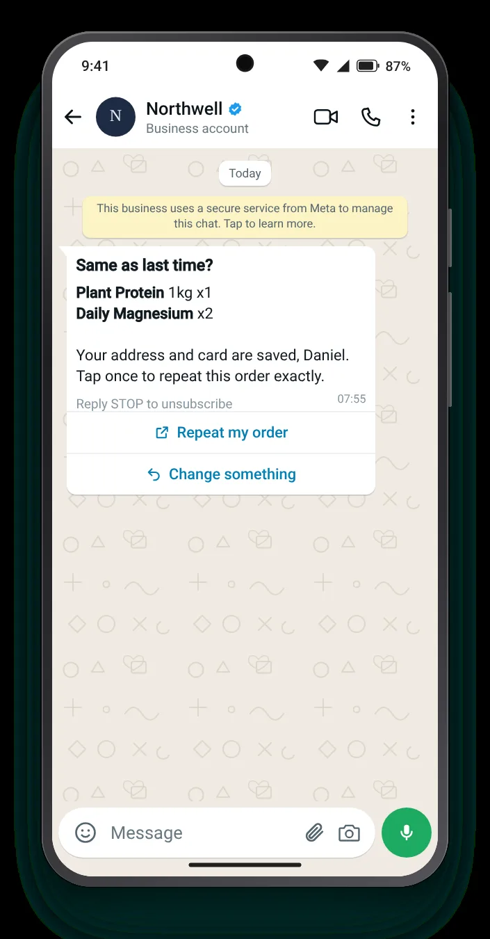 The last order, repeated in one tap: WhatsApp reorder reminder on an Android phone