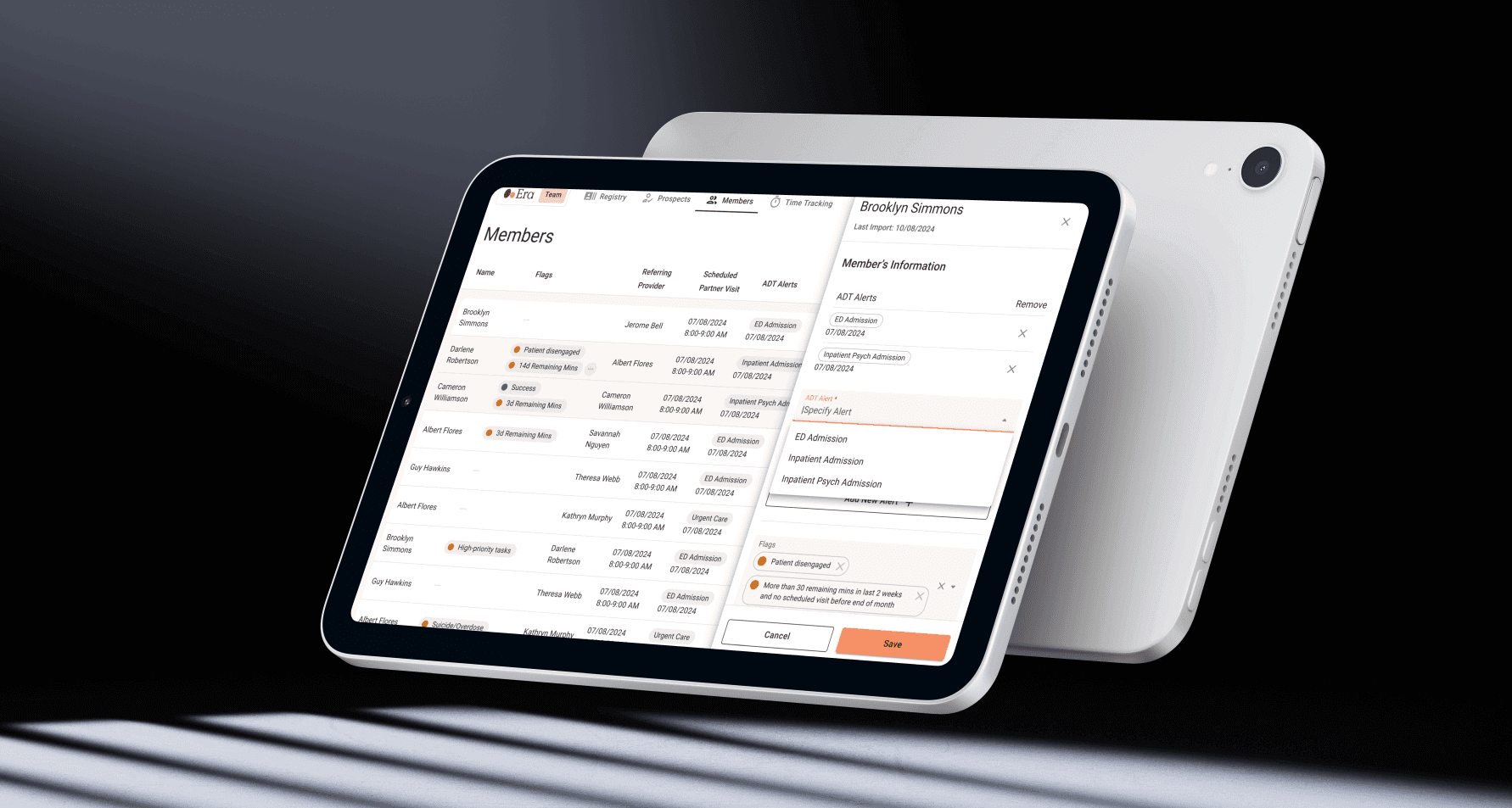 Visualisation of 2 tablets floating in the air. One of them shows the medical records. Over them there is a block of information about specific patient.