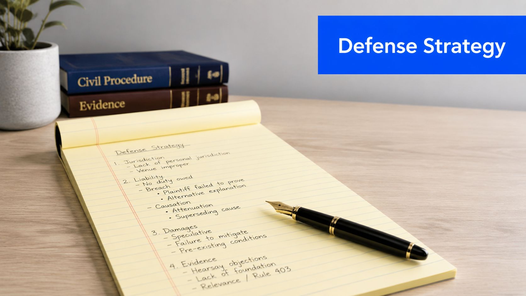 Legal notepad on a wooden desk with a fountain pen and law books in the background.