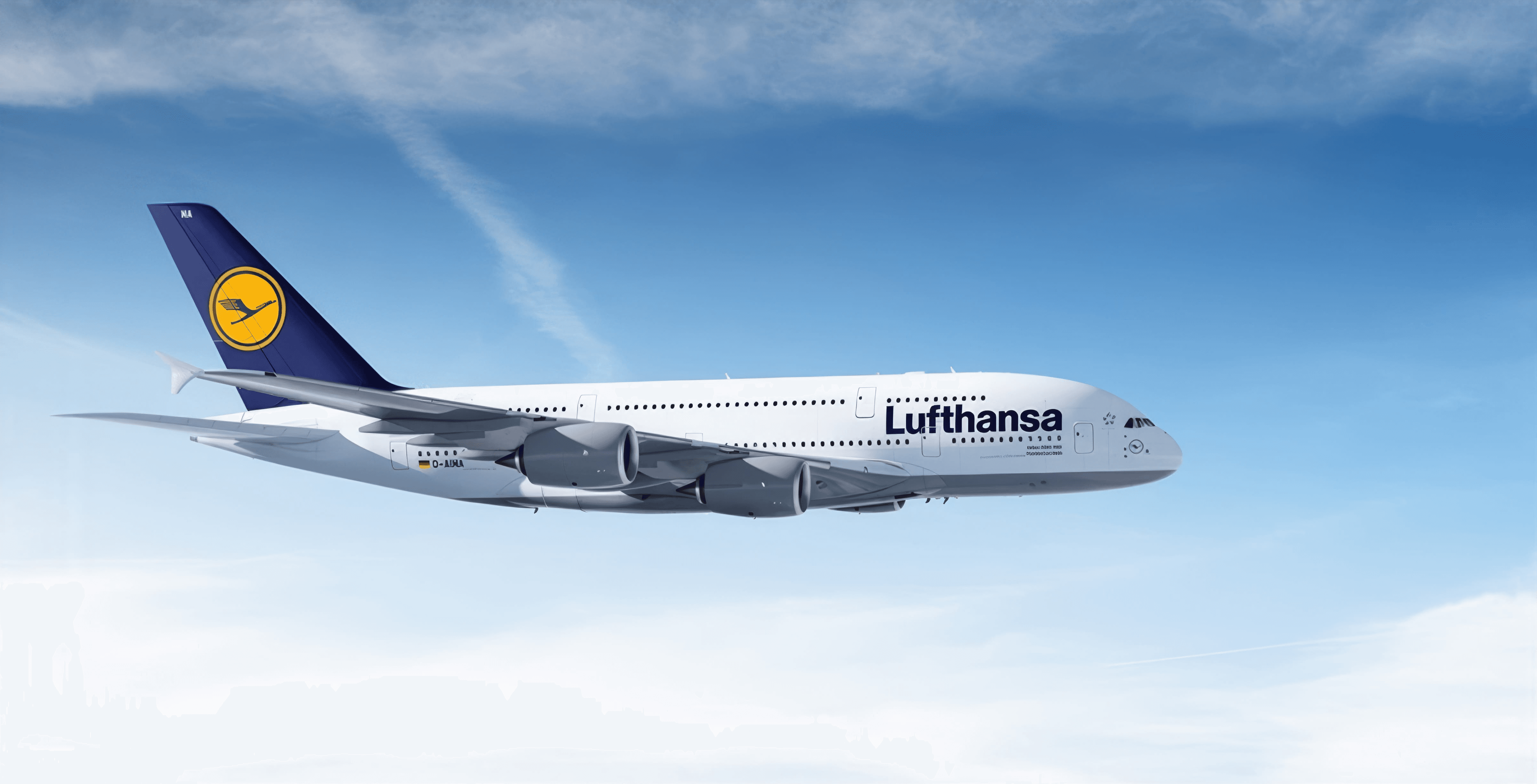 MW Interior  - Lufthansa Airbus A380 im Flug vor blauem Himmel" Beschreibung: Lufthansa Airbus A380 im Reiseflug – ein Referenzkunde, für dessen Standorte hochwertige Objekteinrichtungslösungen realisiert wurden.