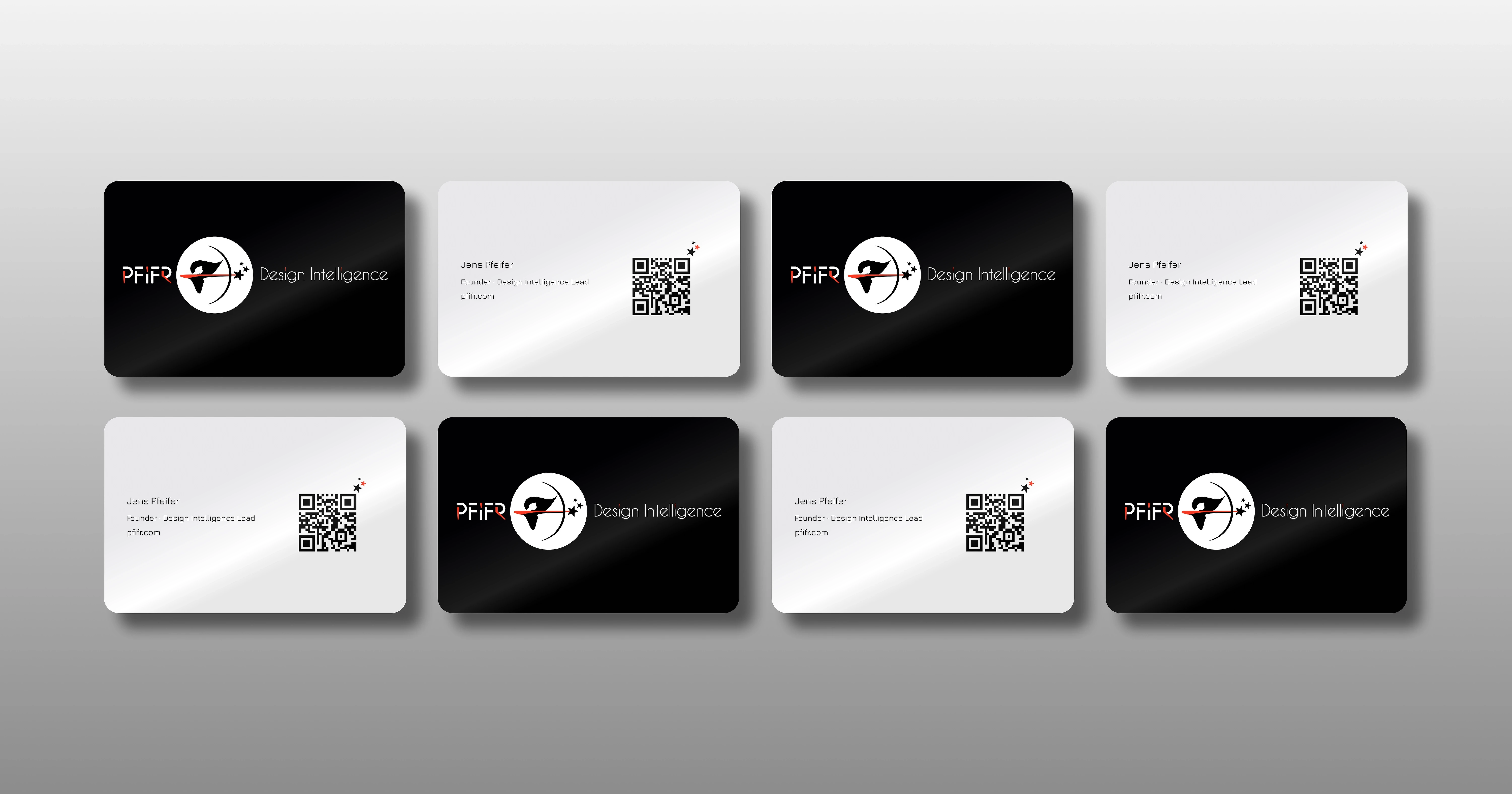 Mehrere PFiFR® Business Cards mit schwarzer Vorder- und weißer Rückseite mit Logo, QR-Code und Kontaktdaten, angeordnet in einem klaren Grid-Layout als visuelle Serie