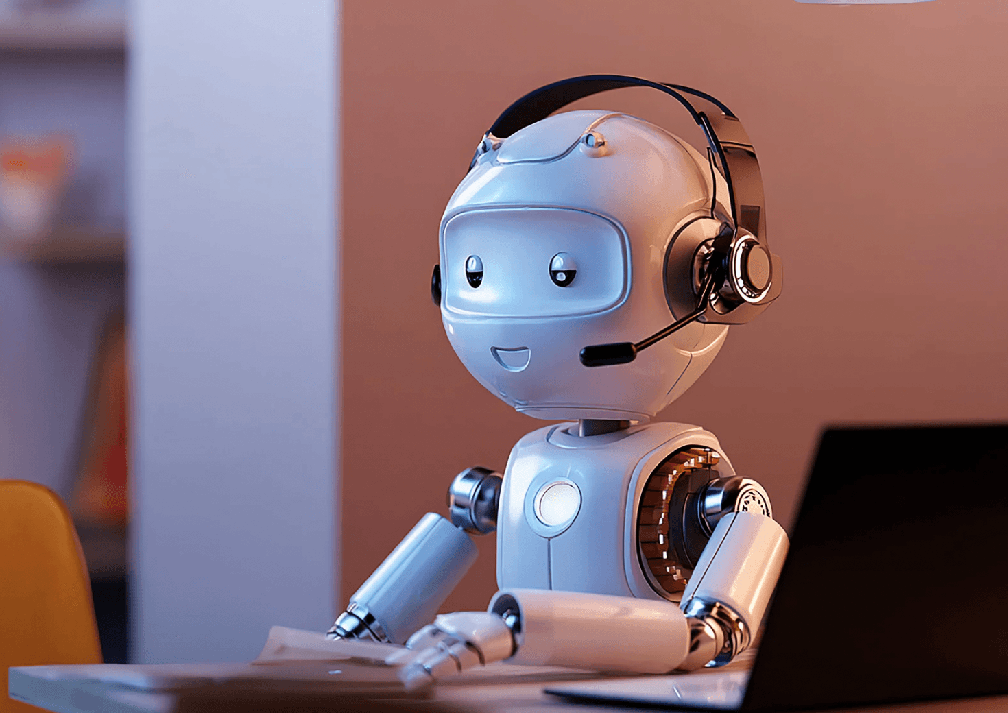 Cute robot wearing a headset and using a laptop, symbolising automated Amazon ad features like Turbo Mode that boost performance during big sales events.