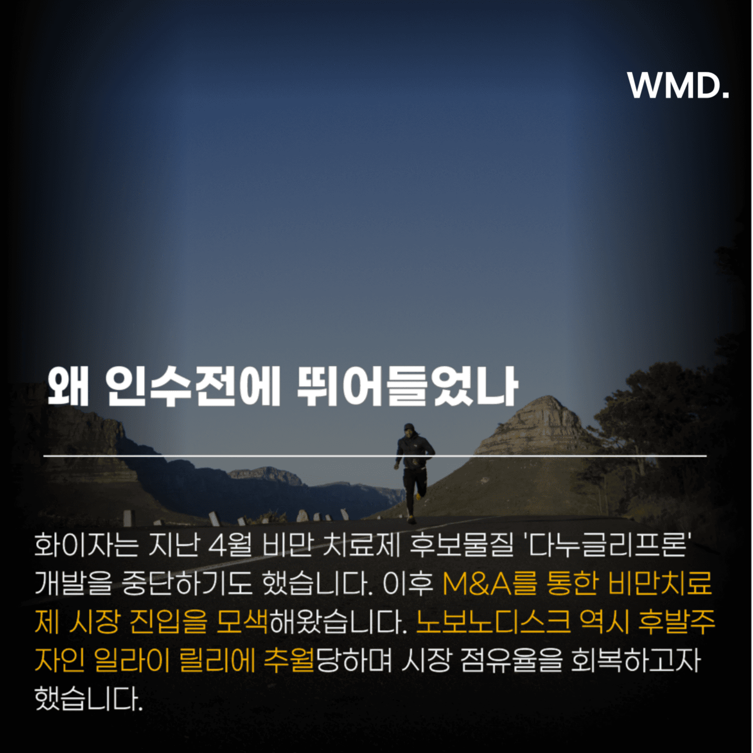 더블유엠디(WMD) 카드뉴스 – 왜 인수전이 벌어졌나? 화이자의 다누글리프론(danuglipron) 개발 중단 이후 M&A 전략 전환과, 일라이 릴리(Eli Lilly)에 추월당한 노보노디스크(Novo Nordisk)의 시장 점유율 회복 의도를 설명하는 이미지. 도로 위 인물이 배경으로 사용됨.