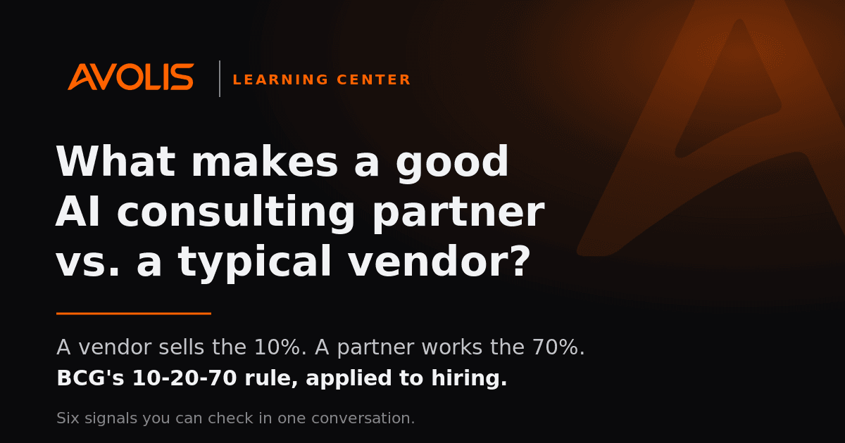 Title card: 'What makes a good AI consulting partner vs. a typical vendor?' with the line that a vendor sells the 10% and a partner works the 70%, from BCG's 10-20-70 rule.