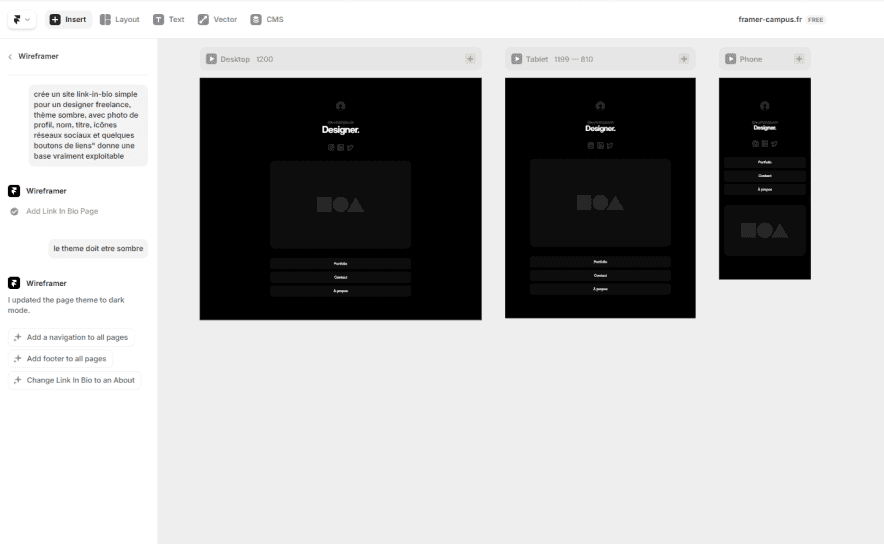 Site généré par Wireframer avec breakpoints desktop tablette et mobile