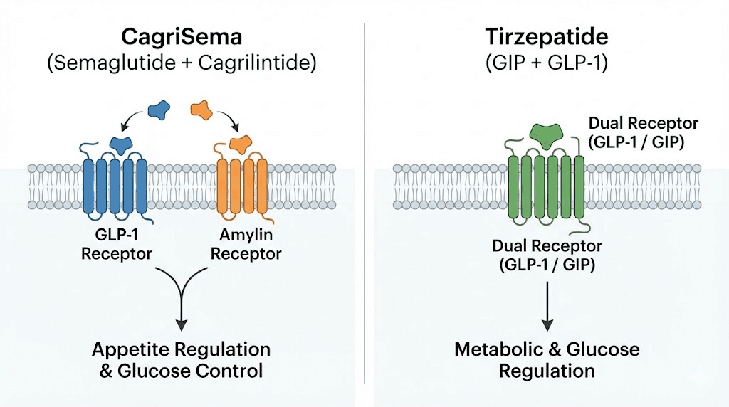 CagriSema vs tirzepatide mechanism comparison showing different receptor pathways