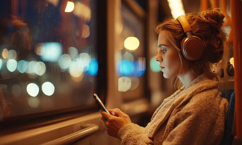 Woman wearing headphones looks at phone on a nighttime bus ride.