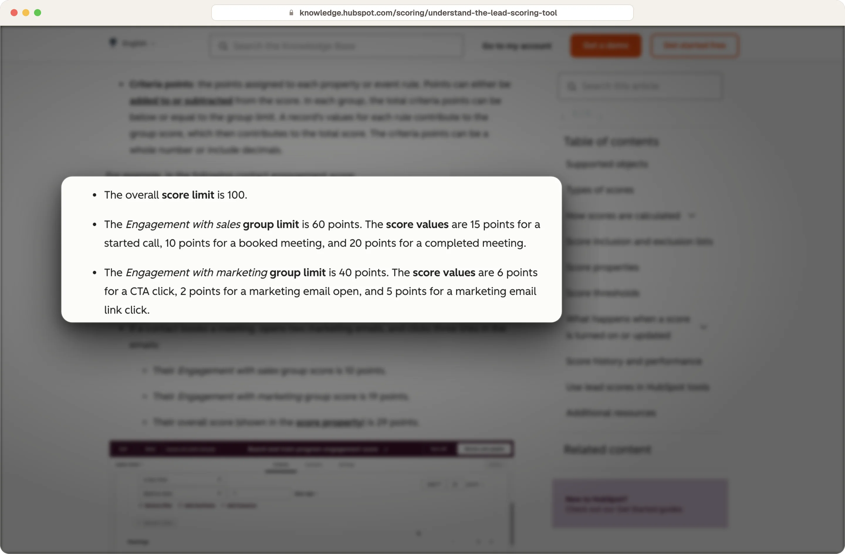 HubSpot example score with a 100-point limit, a 60-point sales group and a 40-point marketing group
