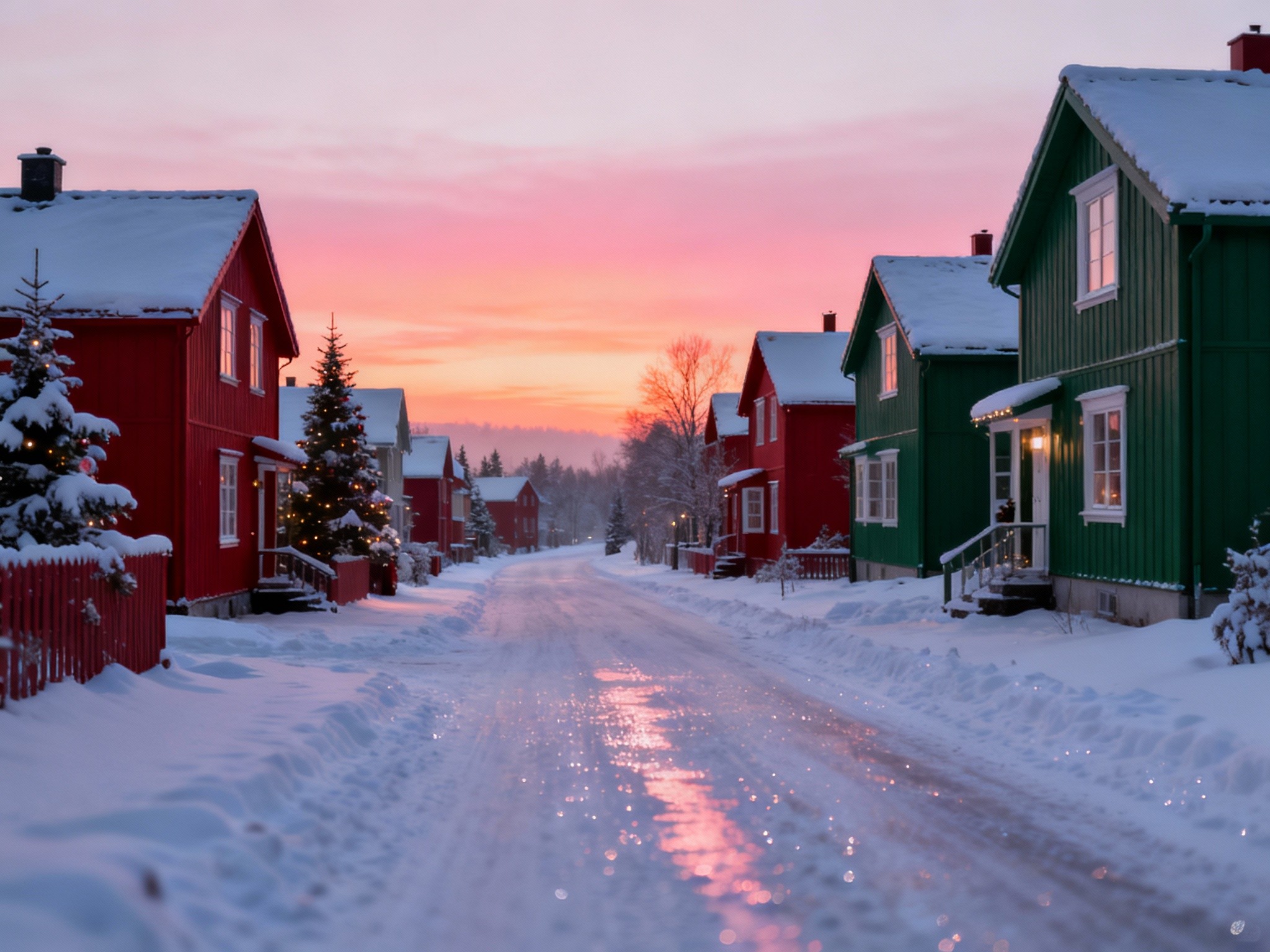 A serene wide landscape portraying a snow-covered village street at dawn during Christmas, with