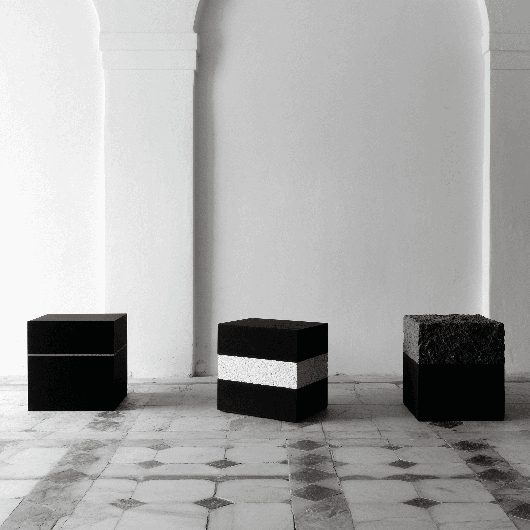 Minimalist installation of three black cubic sculptures with contrasting textures and bands, arranged on a tiled floor in a bright architectural interior.