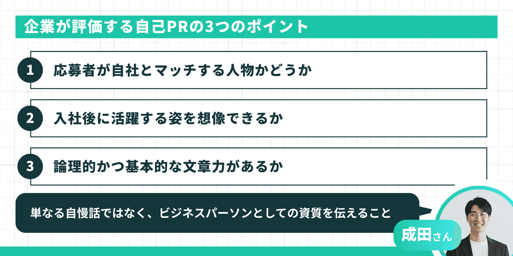 企業が評価する自己PRの3つのポイント：応募者が自社とマッチする人物かどうか・入社後に活躍する姿を想像できるか・論理的かつ基本的な文章力があるか