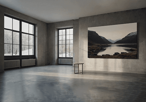 A minimalistic gallery with a large canvas on the wall