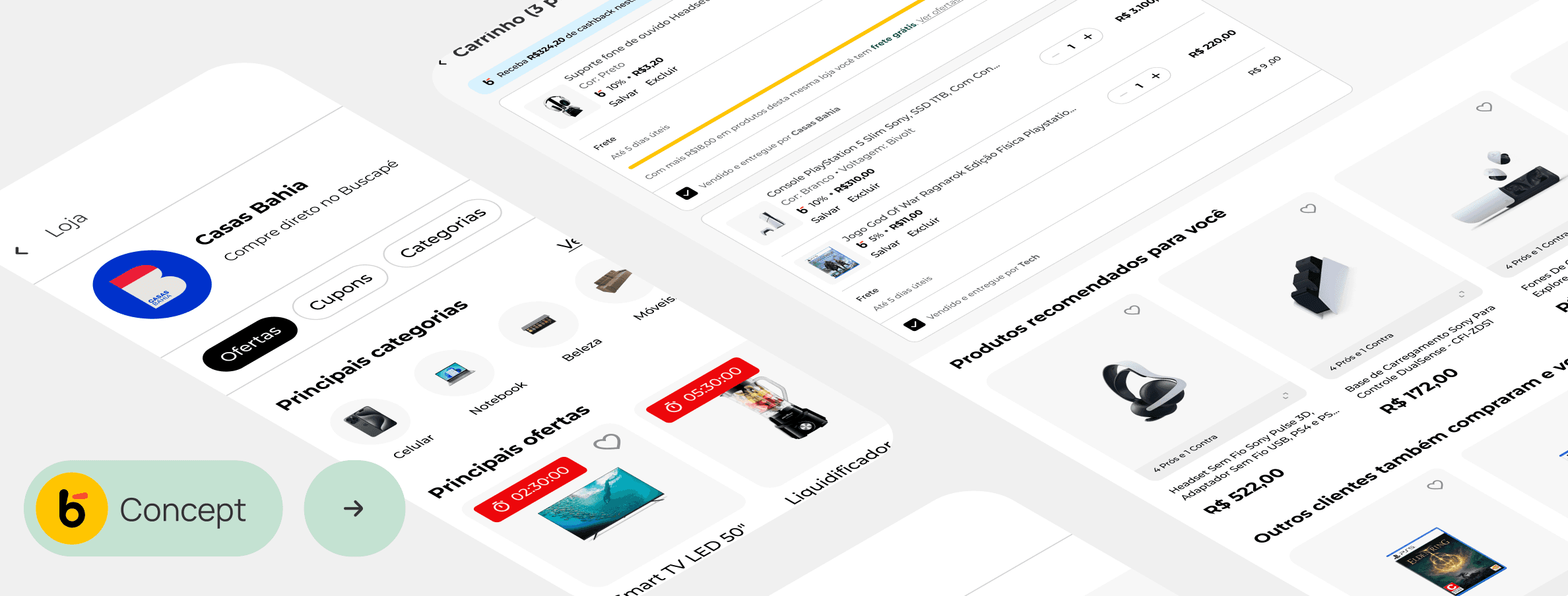 Múltiplas telas de smartphones exibindo página do lojista dentro do Buscapé e tela do carrinho de compras.
