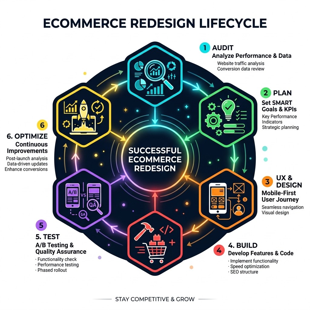 Ecommerce redesign lifecycle infographic showing audit, plan, design, build, test, and optimize stages - Ecommerce website