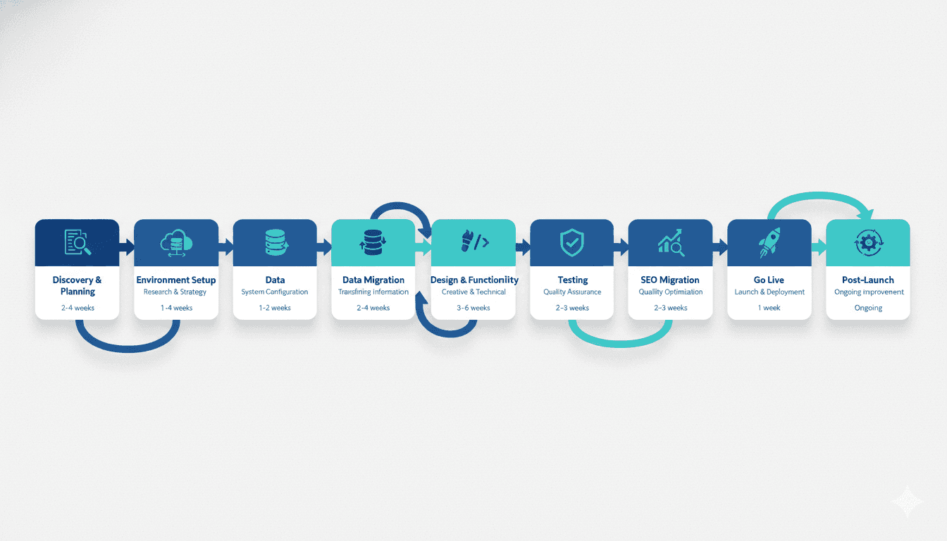 Ecommerce migration process timeline showing 8 phases from discovery to post-launch, with approximate timeframes ranging from 12 to 24 weeks total