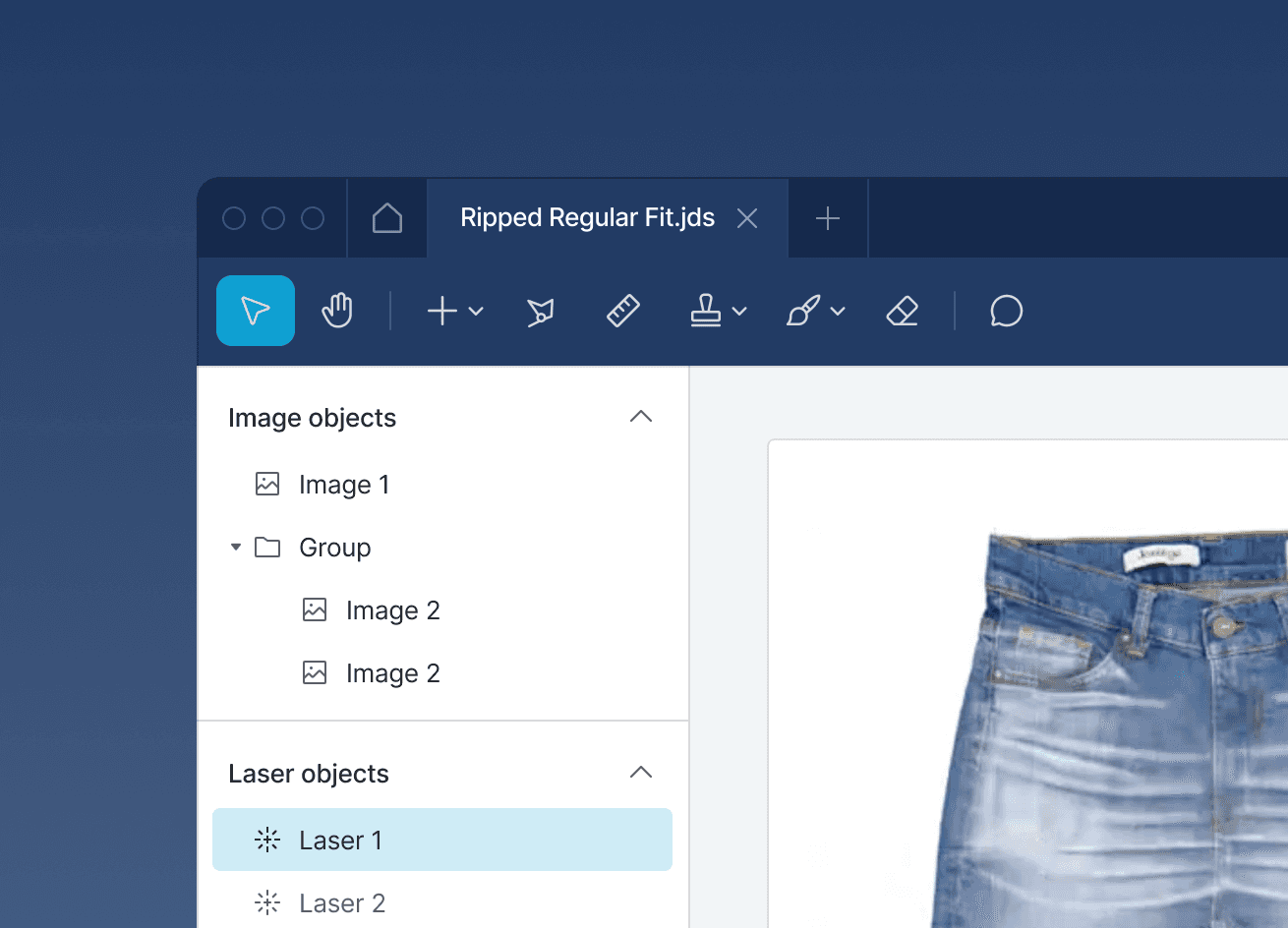 A snippet of a software screen for designing jeans, showing the toolbar and file layers.