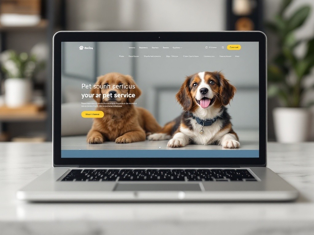 Two puppies on a laptop screen showing a pet service website