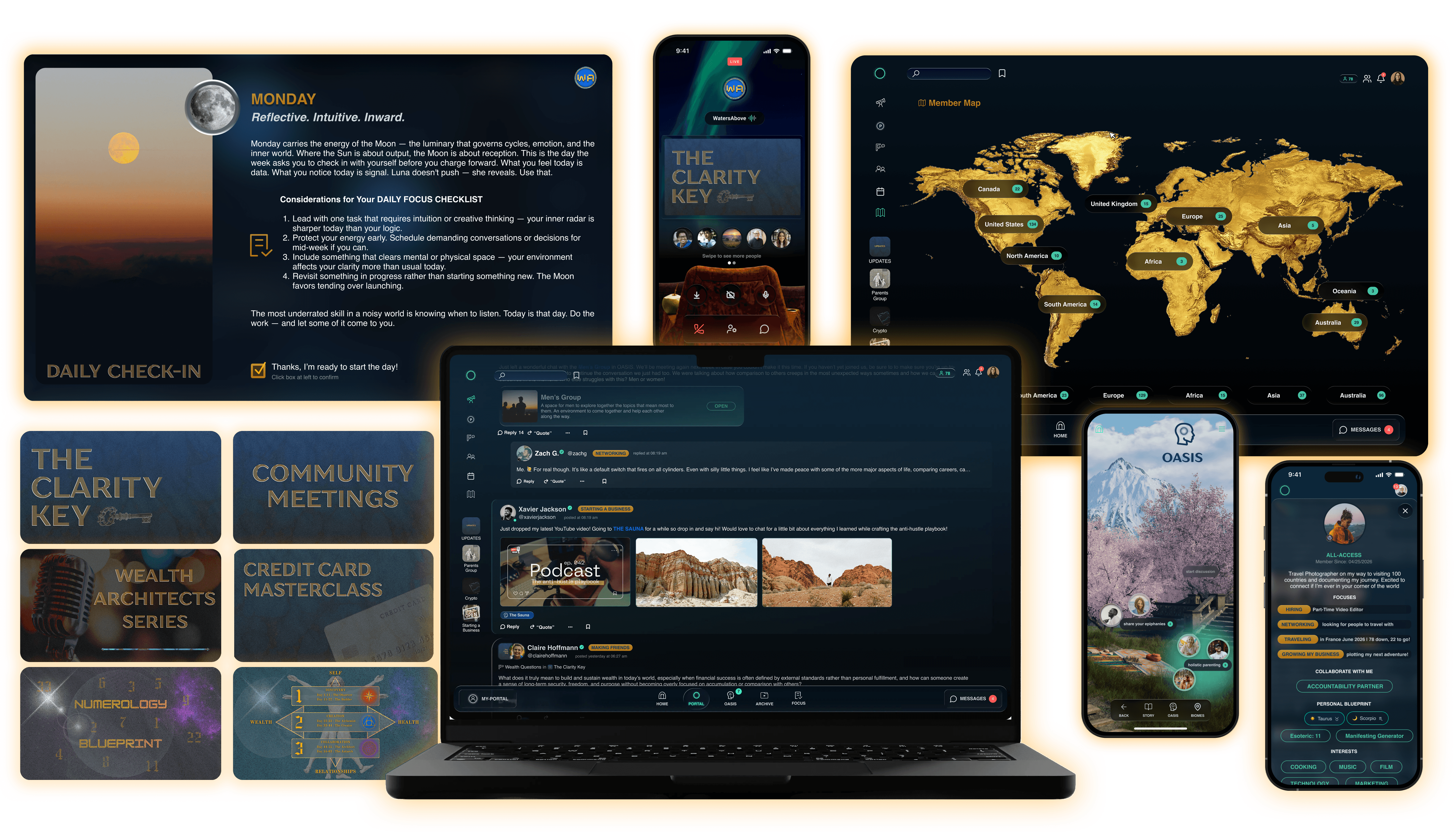 Collage of laptop and mobile screens showing the app