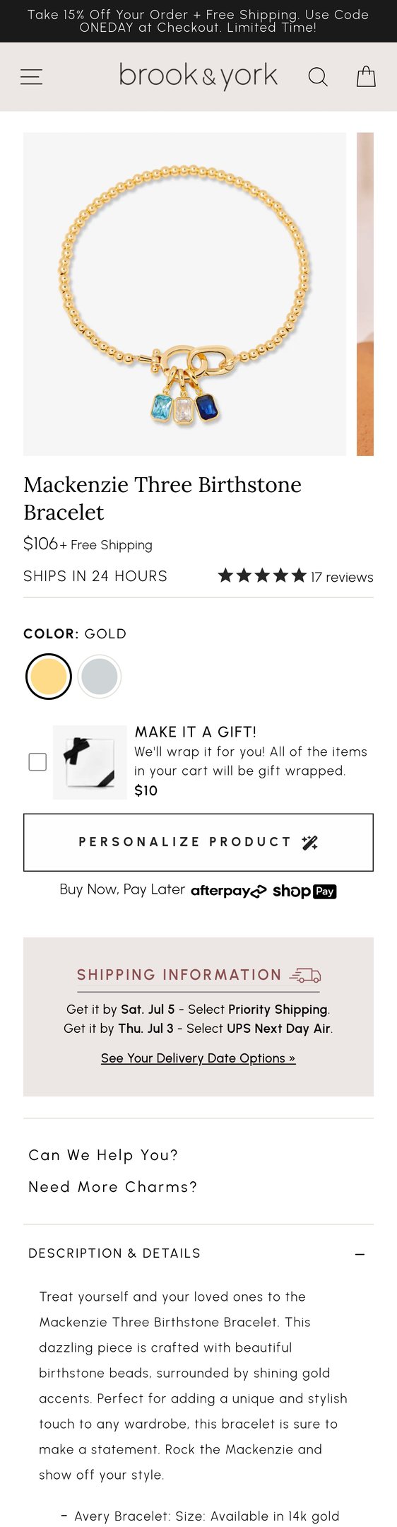 Jewelry product options include: bracelet, birthstone for Mackenzie Three Birthstone Bracelet from Brook & York.