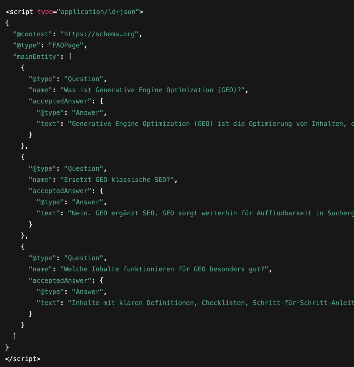 Mit diesem JSON-LD-Snippet werden Fragen und Antworten für Suchmaschinen und KI-Systeme eindeutig ausgezeichnet. So verstehen generative Systeme wie ChatGPT oder Google AI Overviews schneller, worum es auf der Seite geht, und können die Inhalte gezielt in KI-Antworten verwenden.