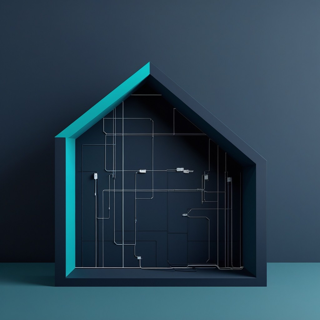 geometric lines forming a house-like structure with visible electrical wiring running chaotically through the walls
